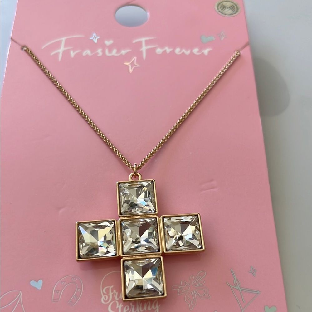 Frasier Sterling Gold Tone Cross Necklace with large Crystal Rhinestone Accents